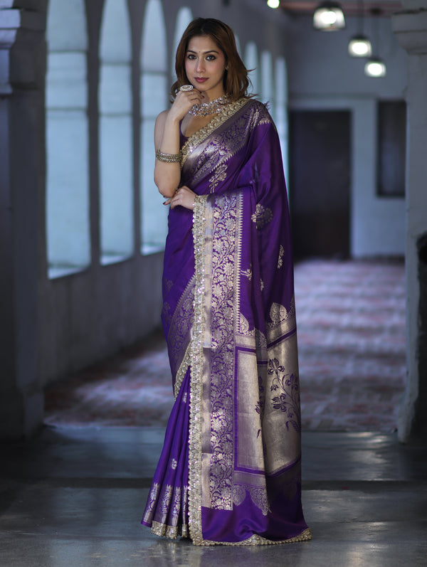 Banarasee Handloom Semi Silk Saree With Sona Rupa Zari Buta Design Floral Border & Lace-Violet