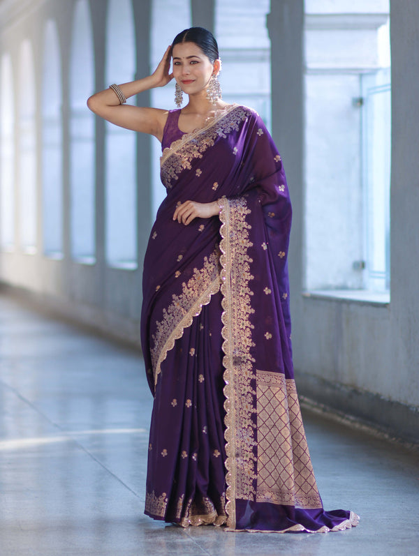 Banarasee Handloom Semi Silk Saree With Zari Buti Design & Lace Border-Violet