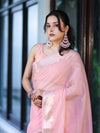 Banarasee Handloom Cotton Silk Plain Saree With Floral Zari Border-Light Pink