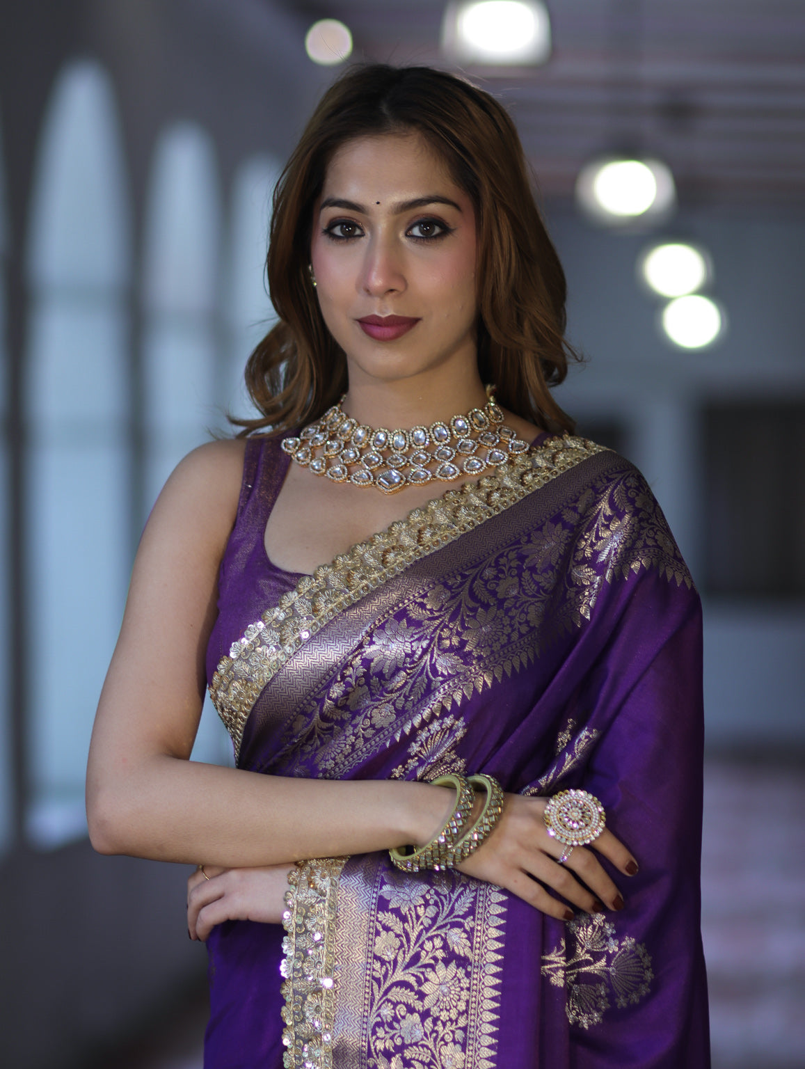 Banarasee Handloom Semi Silk Saree With Sona Rupa Zari Buta Design Floral Border & Lace-Violet