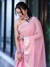 Banarasee Handloom Cotton Silk Plain Saree With Floral Zari Border-Light Pink