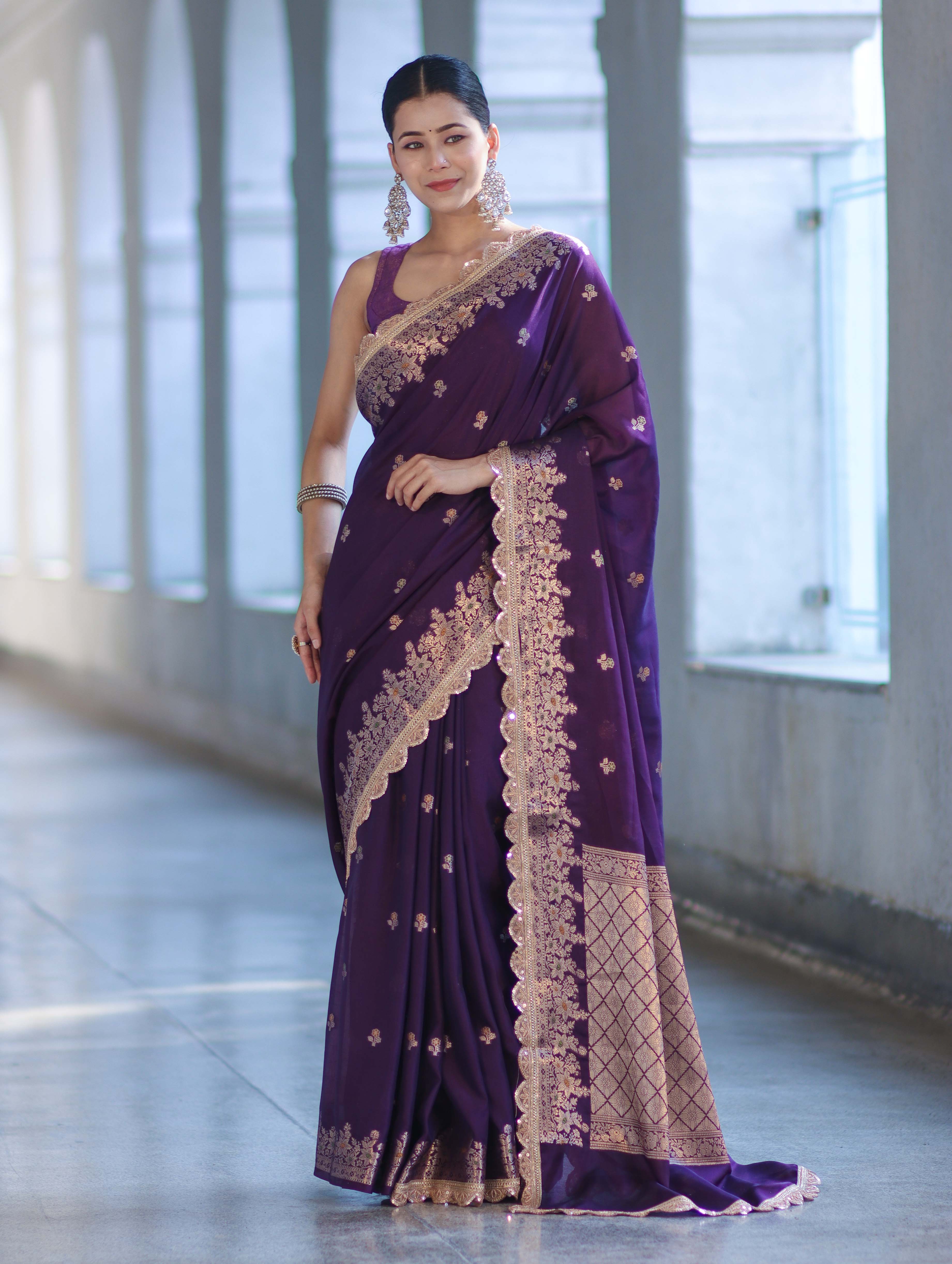 Banarasee Handloom Semi Silk Saree With Zari Buti Design & Lace Border-Violet