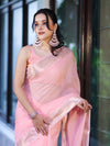 Banarasee Handloom Cotton Silk Plain Saree With Floral Zari Border-Light Pink
