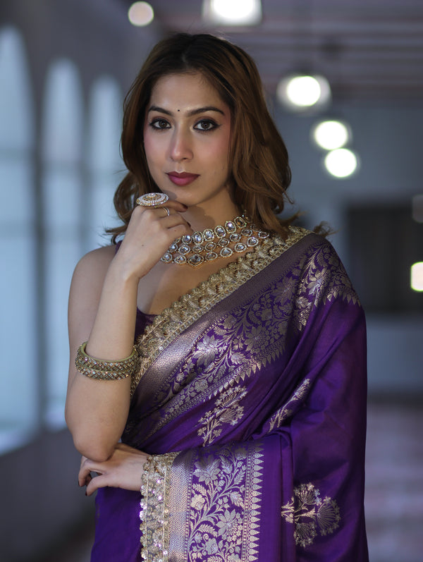 Banarasee Handloom Semi Silk Saree With Sona Rupa Zari Buta Design Floral Border & Lace-Violet