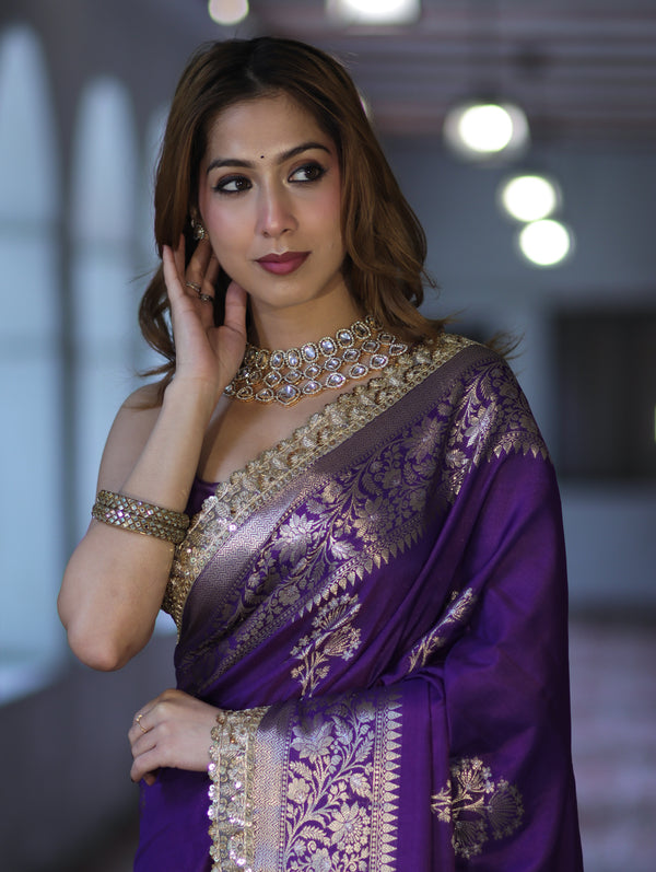 Banarasee Handloom Semi Silk Saree With Sona Rupa Zari Buta Design Floral Border & Lace-Violet