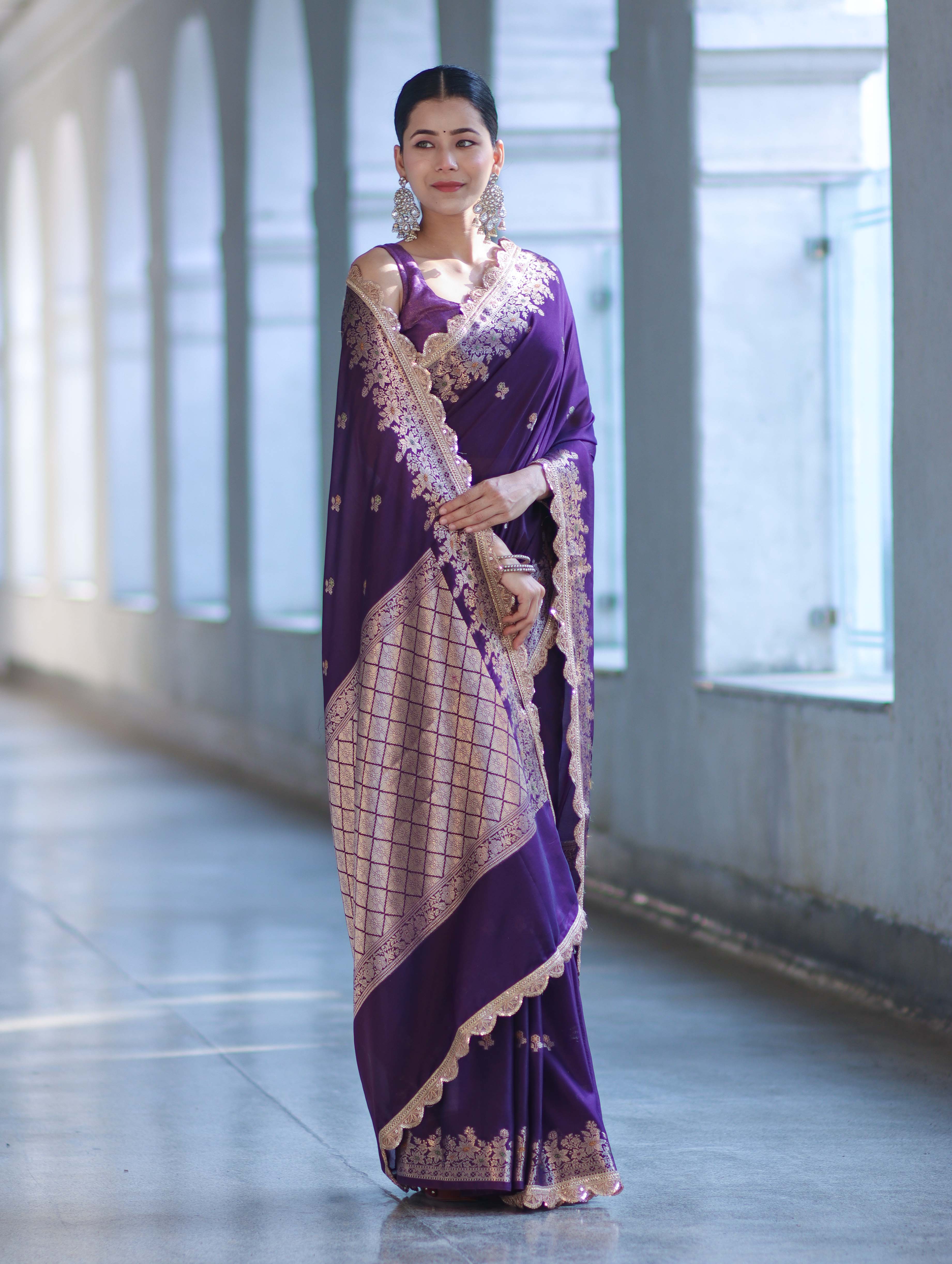 Banarasee Handloom Semi Silk Saree With Zari Buti Design & Lace Border-Violet