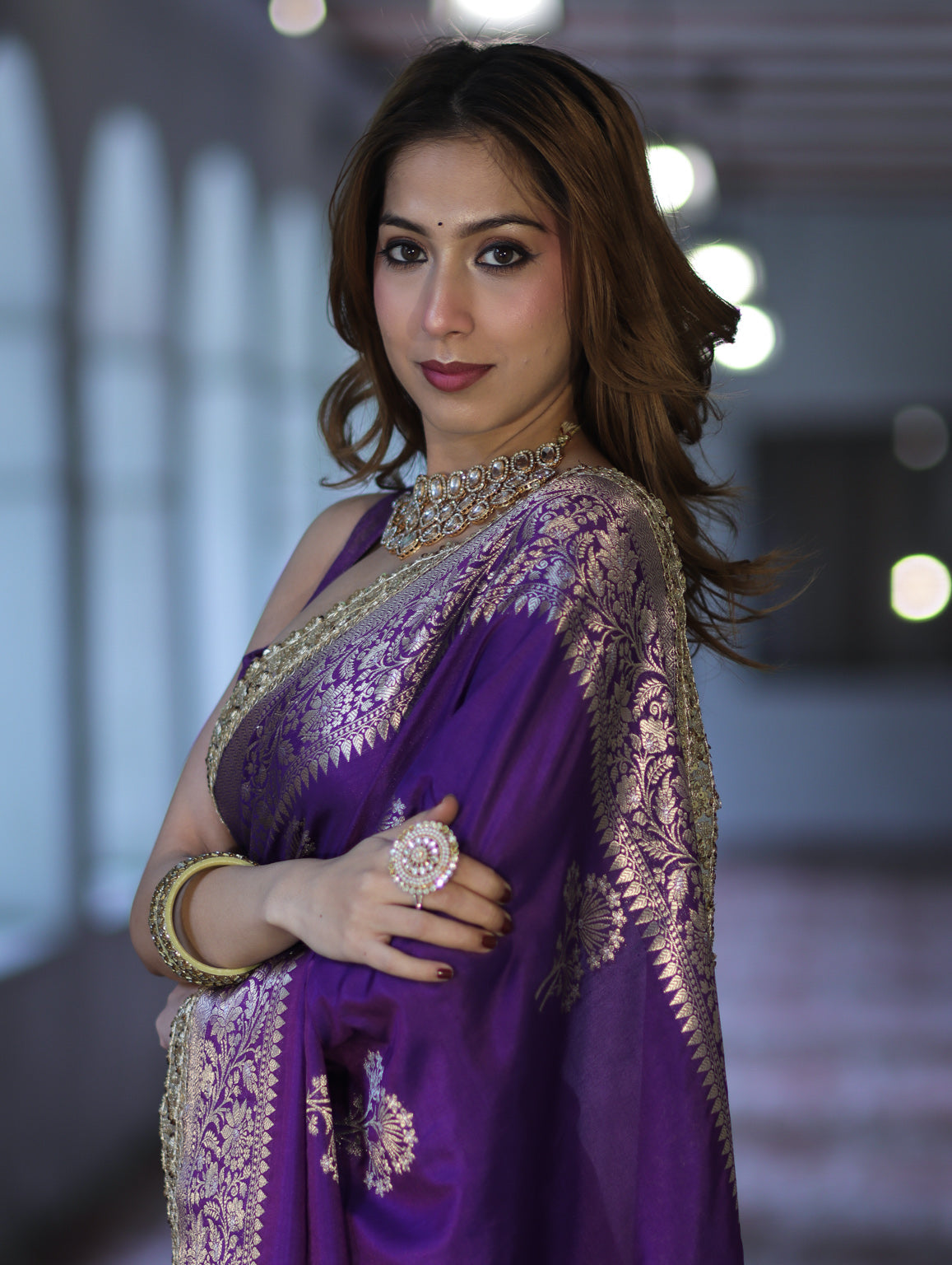 Banarasee Handloom Semi Silk Saree With Sona Rupa Zari Buta Design Floral Border & Lace-Violet