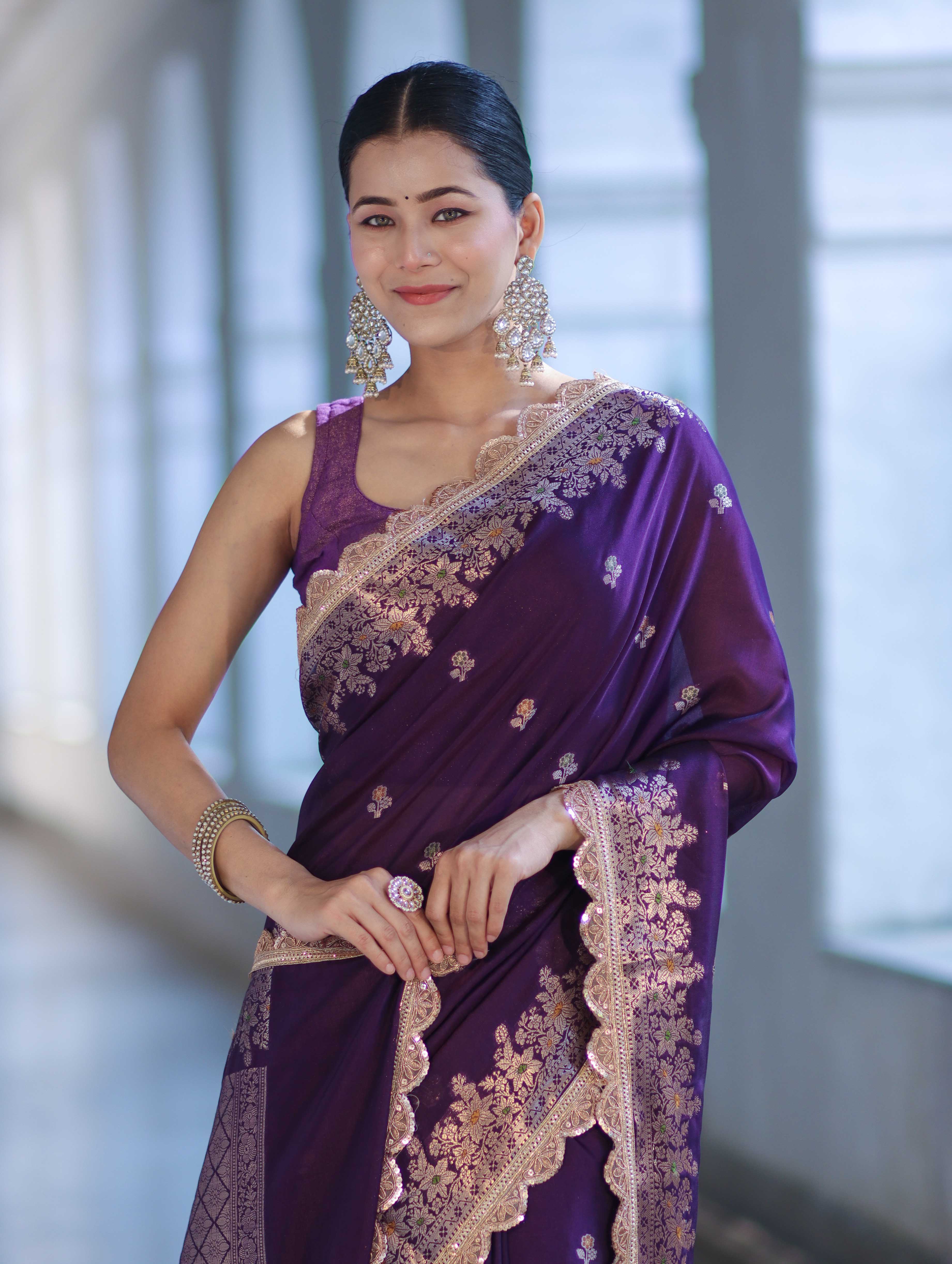 Banarasee Handloom Semi Silk Saree With Zari Buti Design & Lace Border-Violet