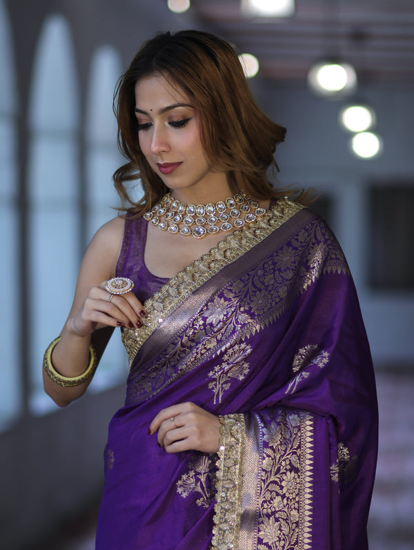 Banarasee Handloom Semi Silk Saree With Sona Rupa Zari Buta Design Floral Border & Lace-Violet