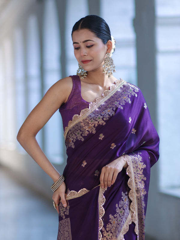 Banarasee Handloom Semi Silk Saree With Zari Buti Design & Lace Border-Violet