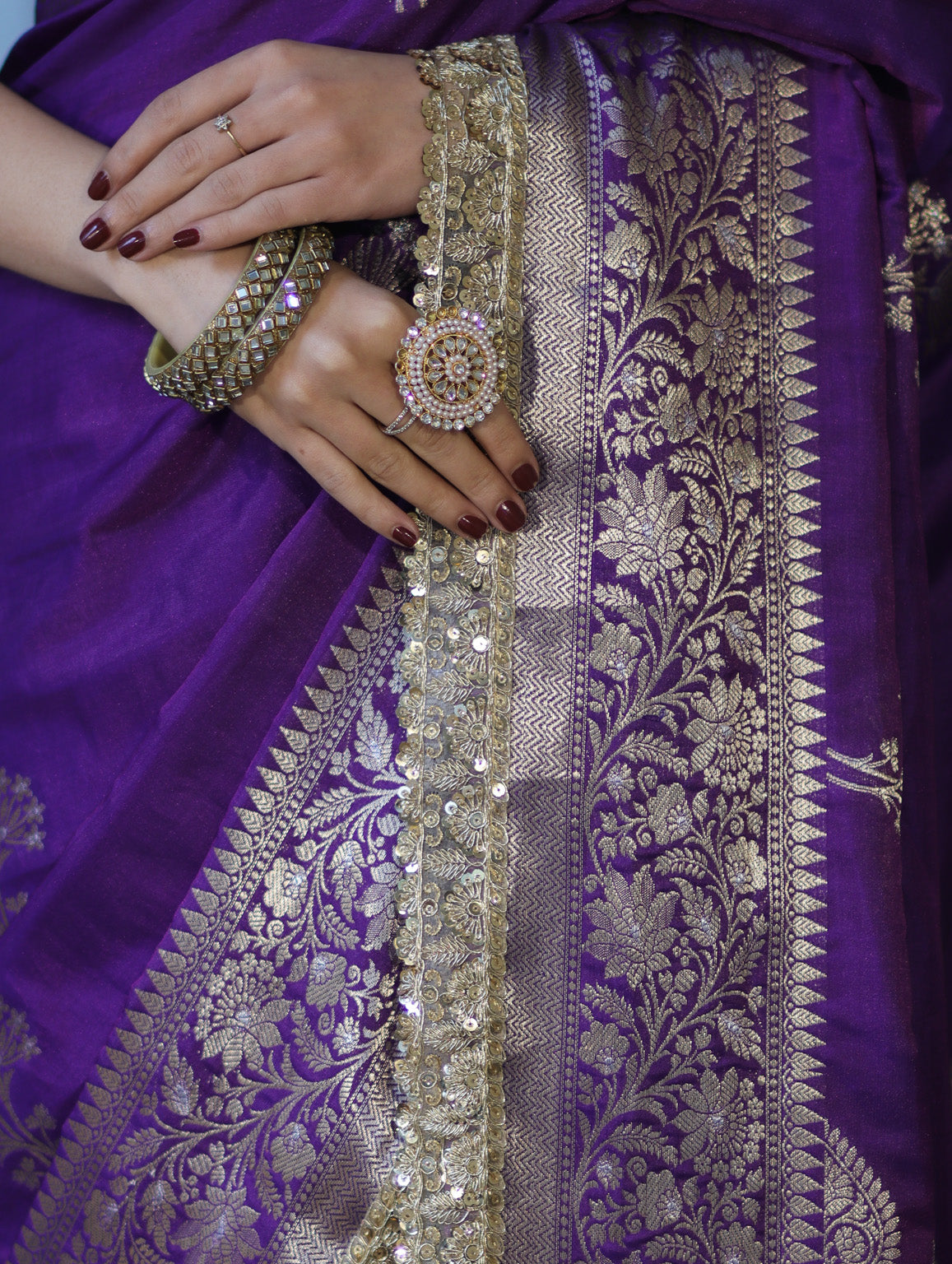 Banarasee Handloom Semi Silk Saree With Sona Rupa Zari Buta Design Floral Border & Lace-Violet
