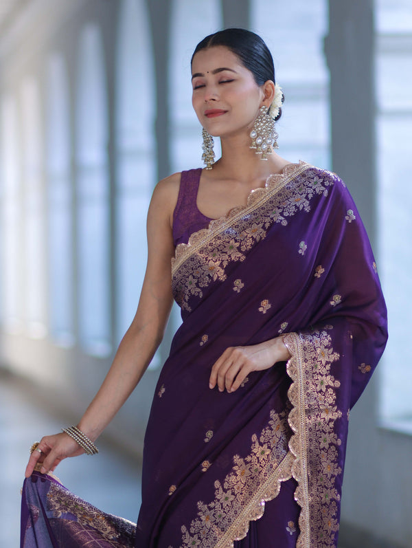 Banarasee Handloom Semi Silk Saree With Zari Buti Design & Lace Border-Violet
