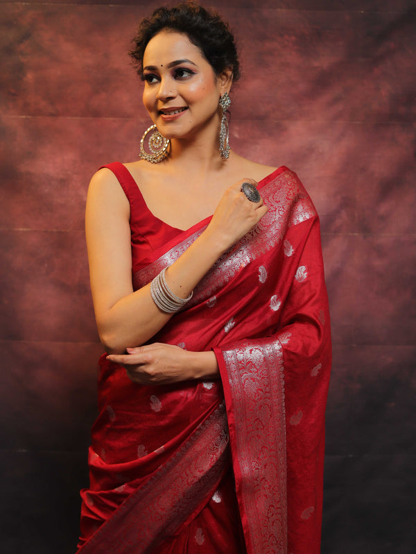Banarasee Handwoven Semi-Chiffon Saree With Silver Zari Work-Red