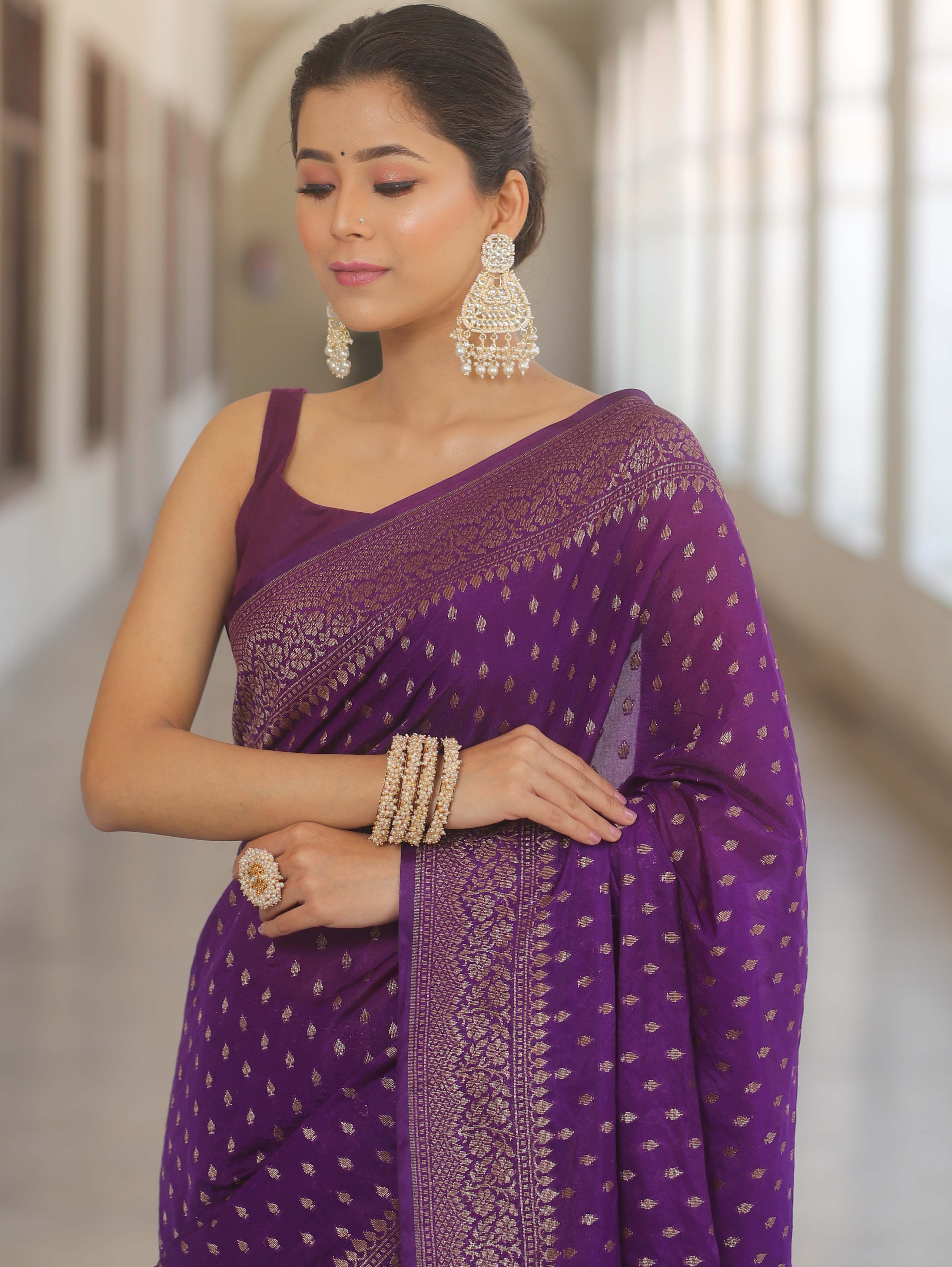 Banarasee Semi-Chiffon Saree With Antique Gold Zari Work-Violet