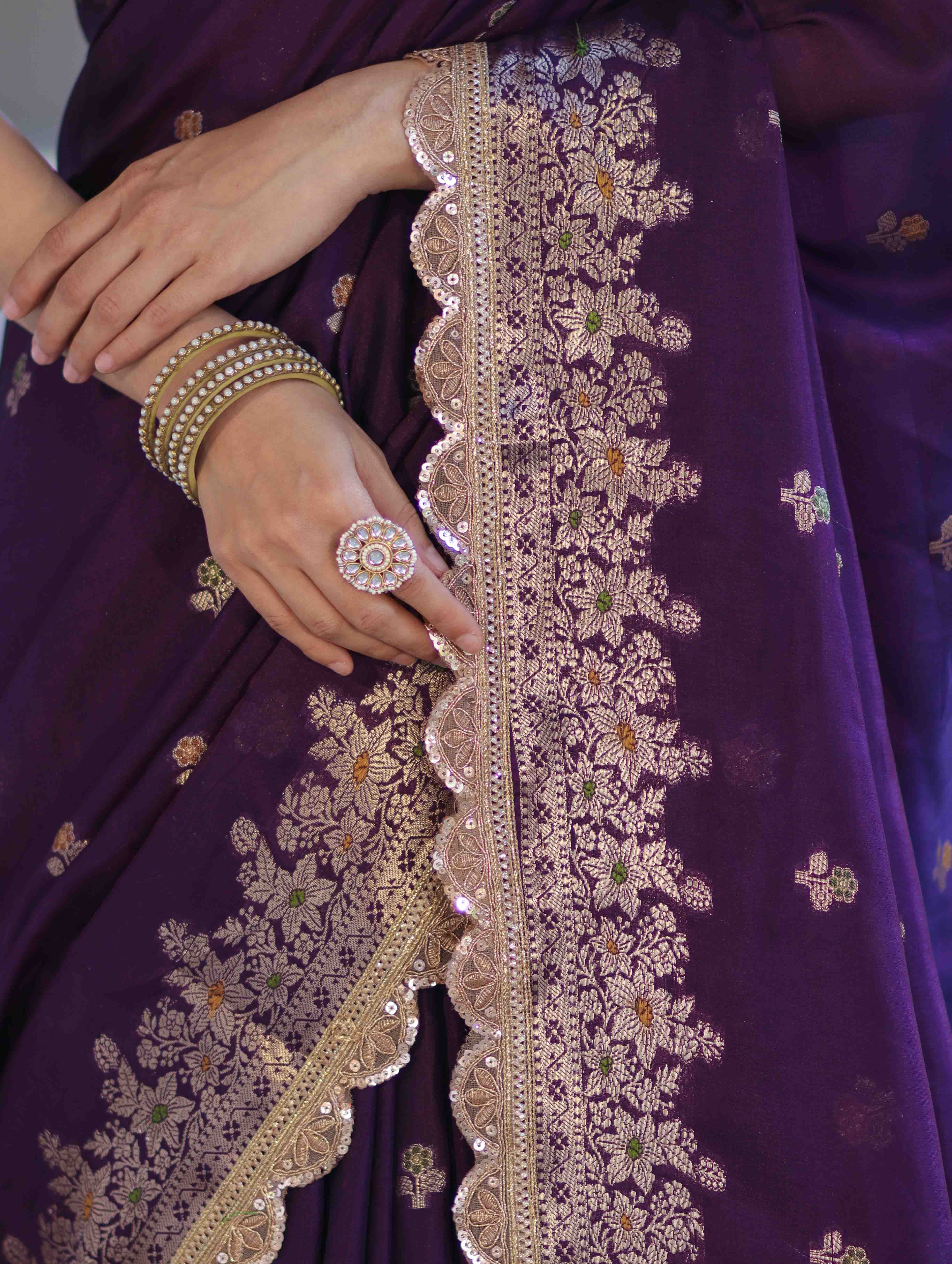 Banarasee Handloom Semi Silk Saree With Zari Buti Design & Lace Border-Violet