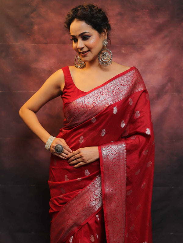 Banarasee Handwoven Semi-Chiffon Saree With Silver Zari Work-Red