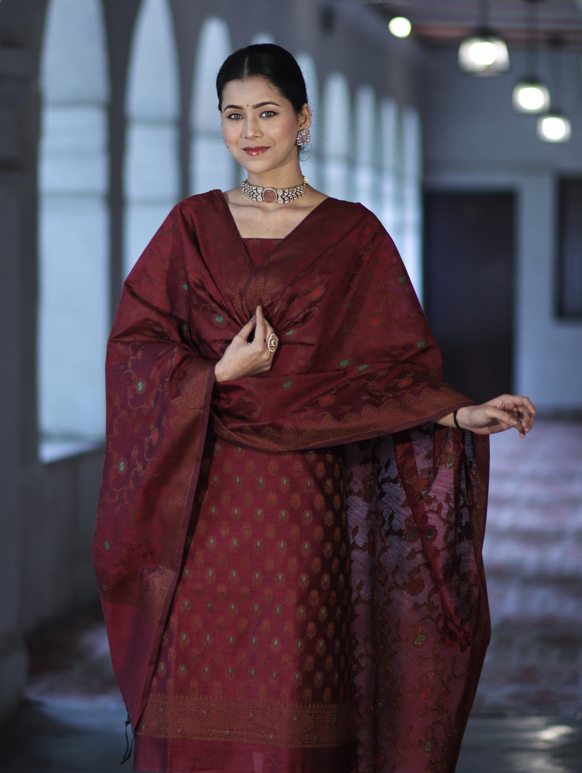 Banarasee Cotton Silk Resham Work Salwar Kameez Fabric With Dupatta Set-Burgundy