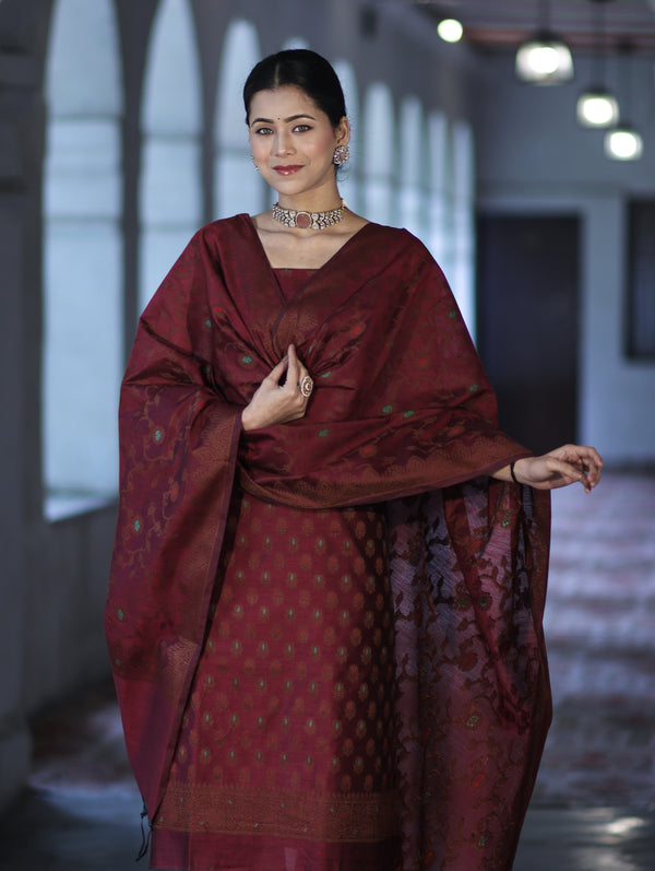 Banarasee Cotton Silk Resham Work Salwar Kameez Fabric With Dupatta Set-Burgundy