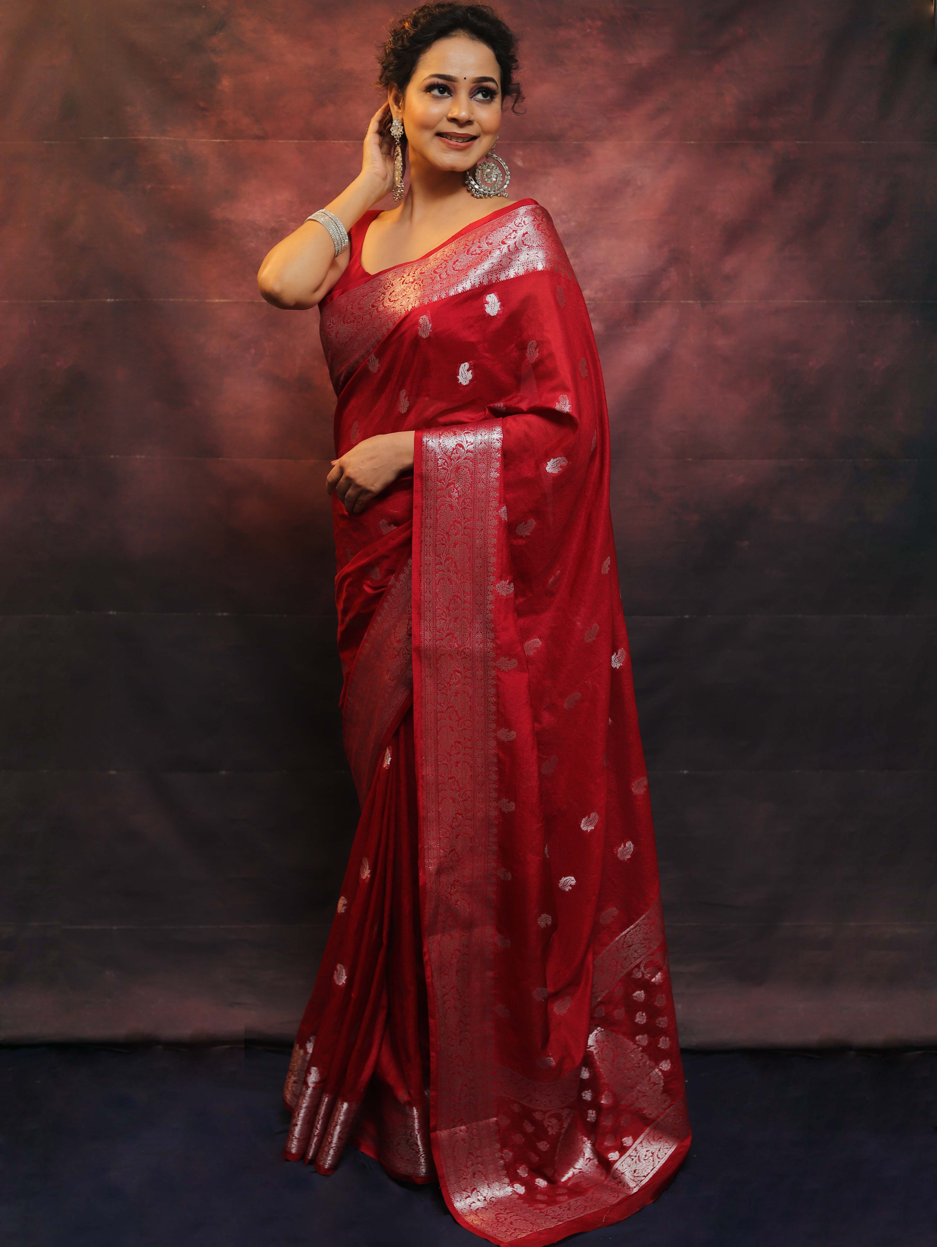 Banarasee Handwoven Semi-Chiffon Saree With Silver Zari Work-Red