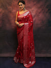 Banarasee Handwoven Semi-Chiffon Saree With Silver Zari Work-Red