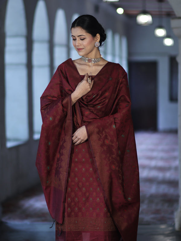 Banarasee Cotton Silk Resham Work Salwar Kameez Fabric With Dupatta Set-Burgundy