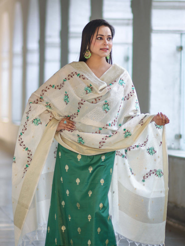 Banarasee Embroidered Cotton Salwar Kameez Fabric With Contrast Dupatta Set-Green & Off White