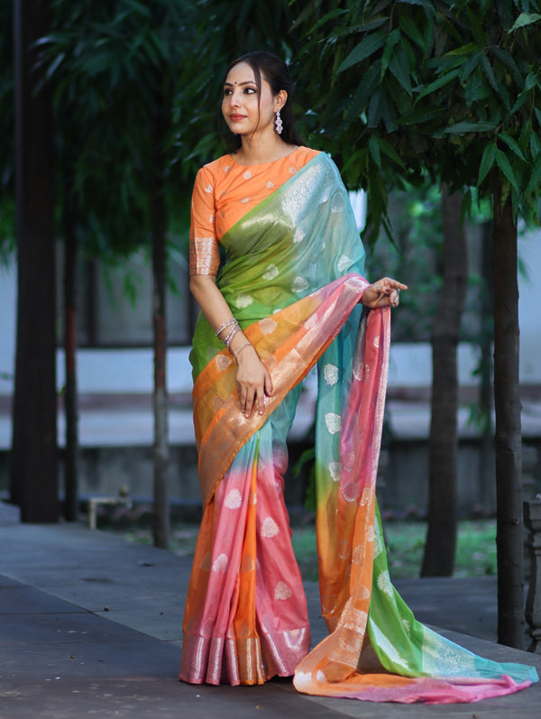 Banarasee Handwoven Semi-Chiffon Saree With Zari Work-Multicolor