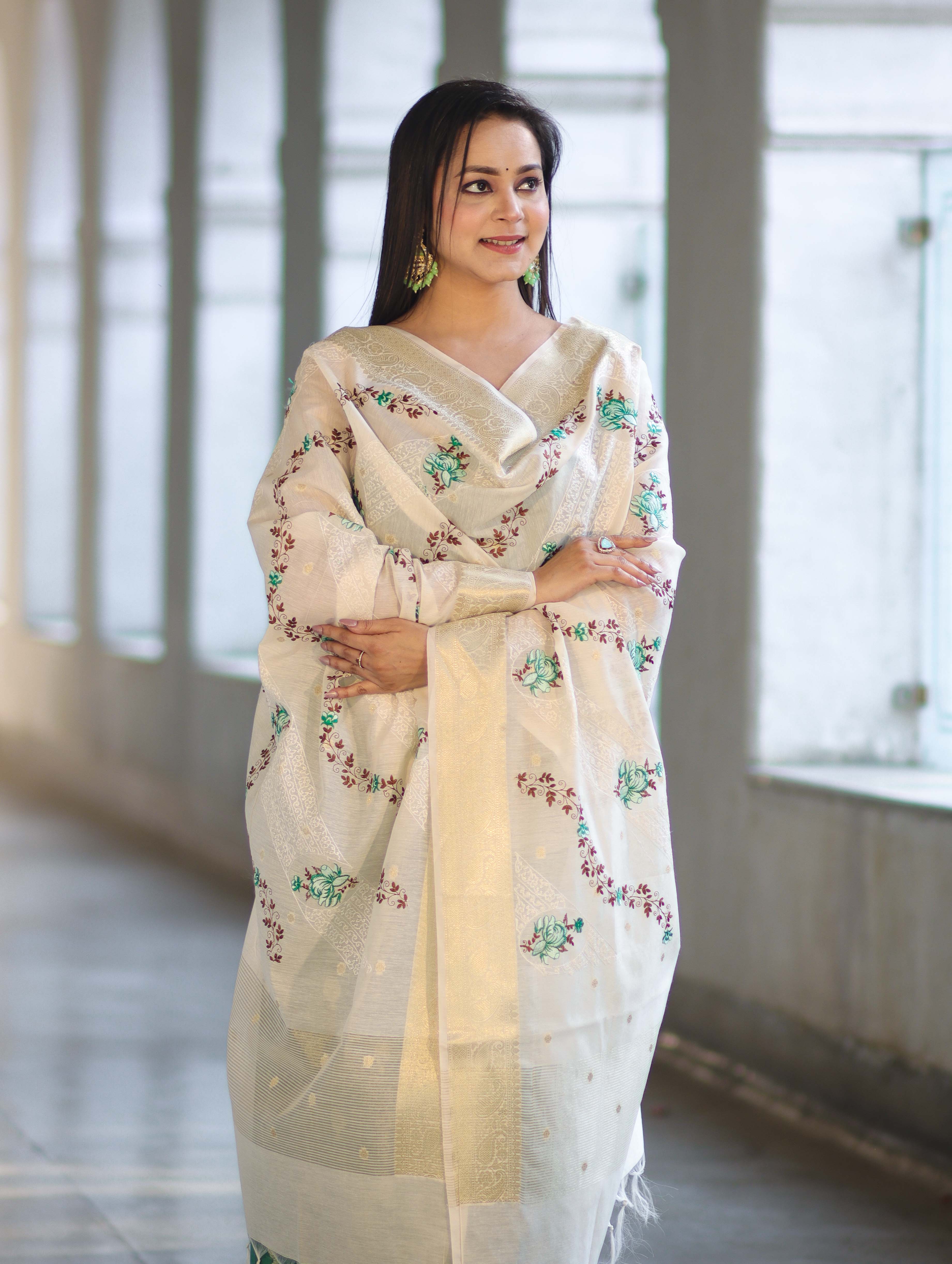 Banarasee Embroidered Cotton Salwar Kameez Fabric With Contrast Dupatta Set-Green & Off White