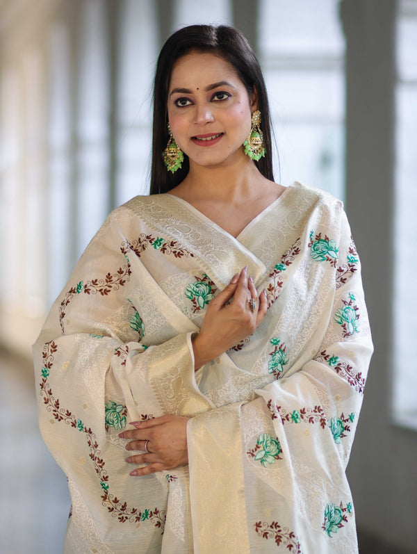 Banarasee Embroidered Cotton Salwar Kameez Fabric With Contrast Dupatta Set-Green & Off White
