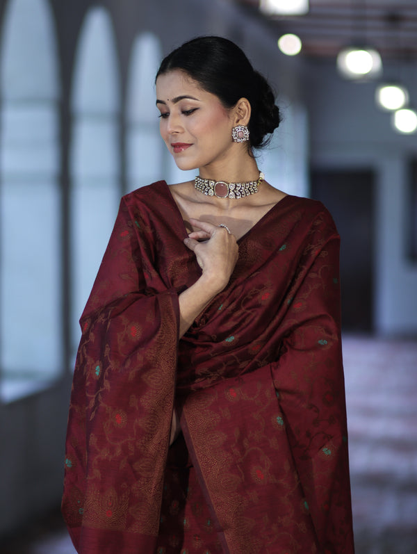 Banarasee Cotton Silk Resham Work Salwar Kameez Fabric With Dupatta Set-Burgundy