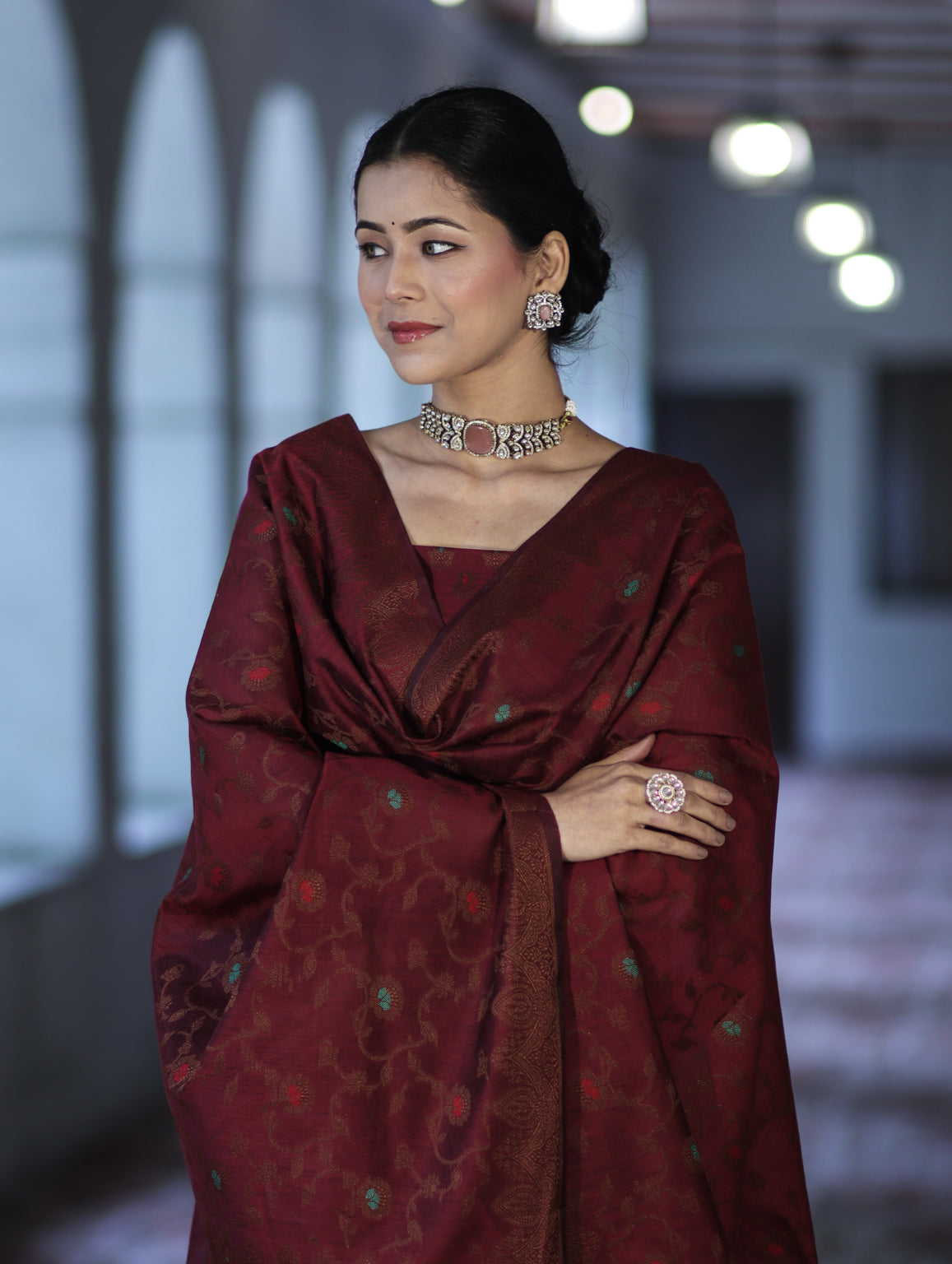 Banarasee Cotton Silk Resham Work Salwar Kameez Fabric With Dupatta Set-Burgundy