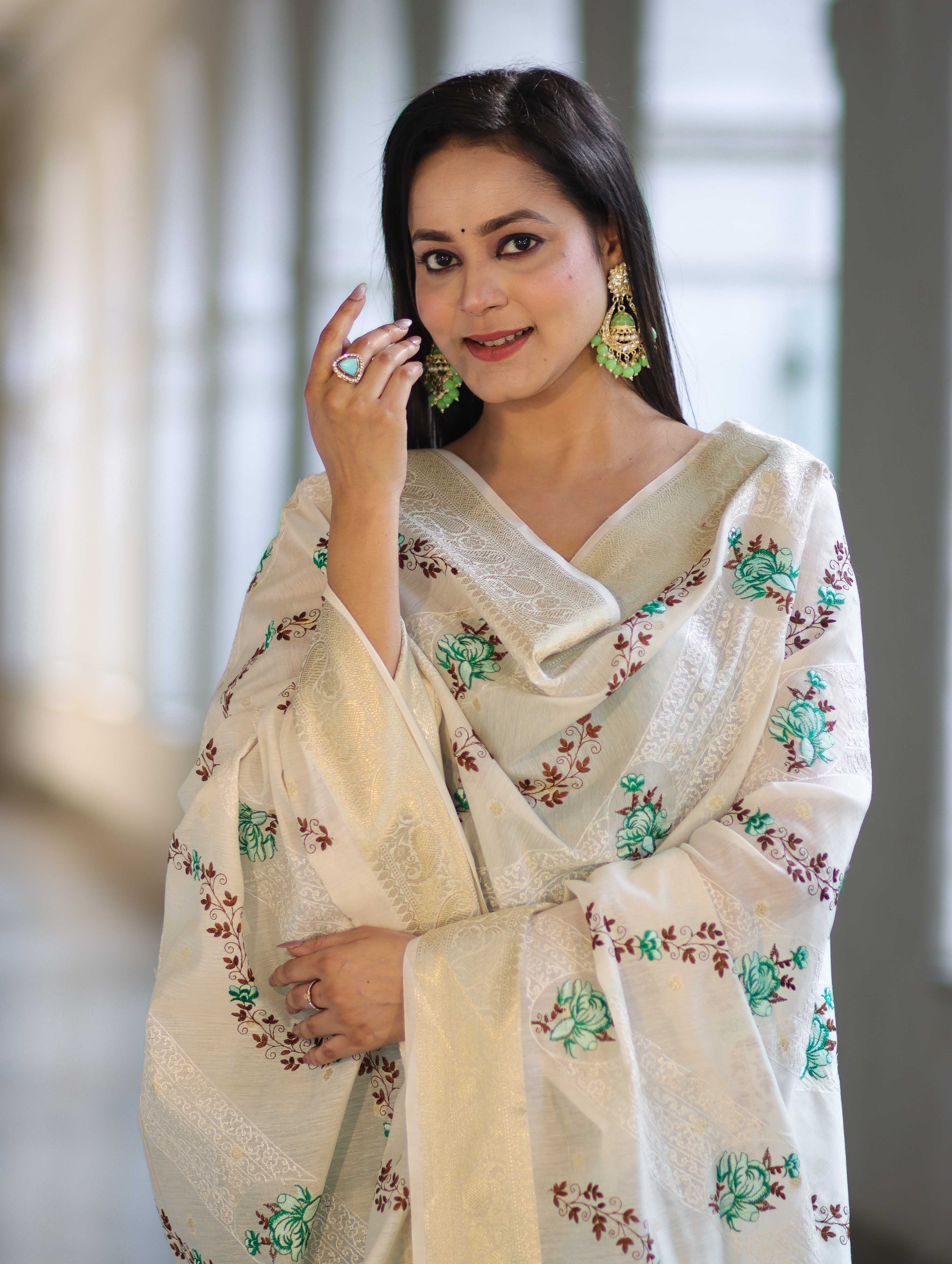 Banarasee Embroidered Cotton Salwar Kameez Fabric With Contrast Dupatta Set-Green & Off White