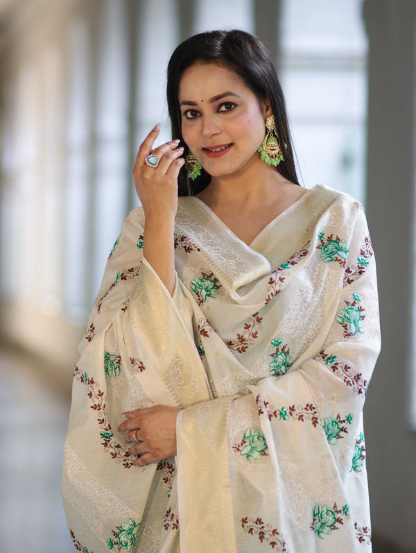 Banarasee Embroidered Cotton Salwar Kameez Fabric With Contrast Dupatta Set-Green & Off White
