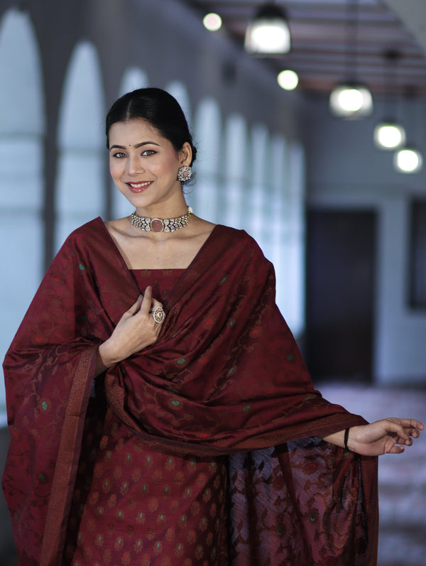 Banarasee Cotton Silk Resham Work Salwar Kameez Fabric With Dupatta Set-Burgundy