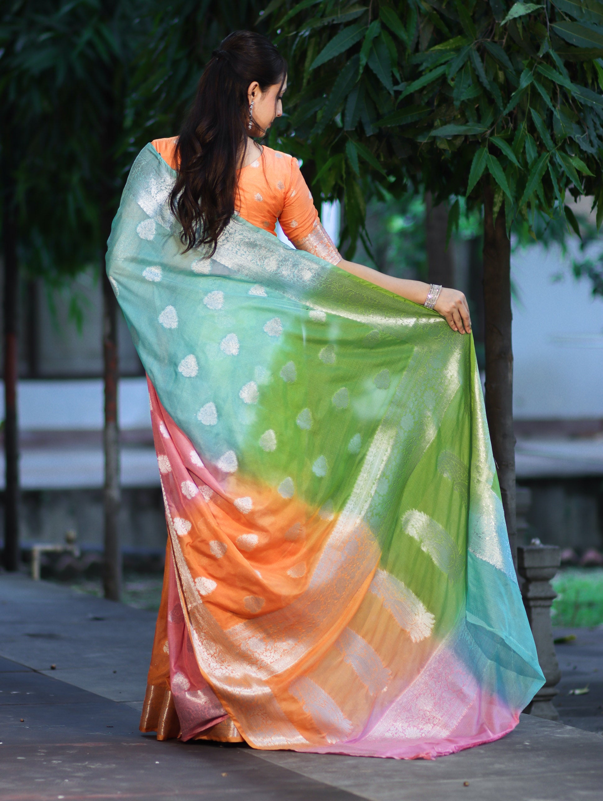 Banarasee Handwoven Semi-Chiffon Saree With Zari Work-Multicolor