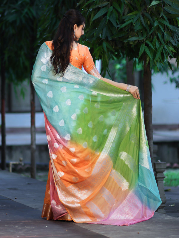 Banarasee Handwoven Semi-Chiffon Saree With Zari Work-Multicolor