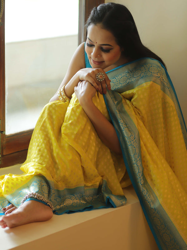Banarasee Semi-Katan Zari Buta & Contrast Border Saree-Yellow & Blue