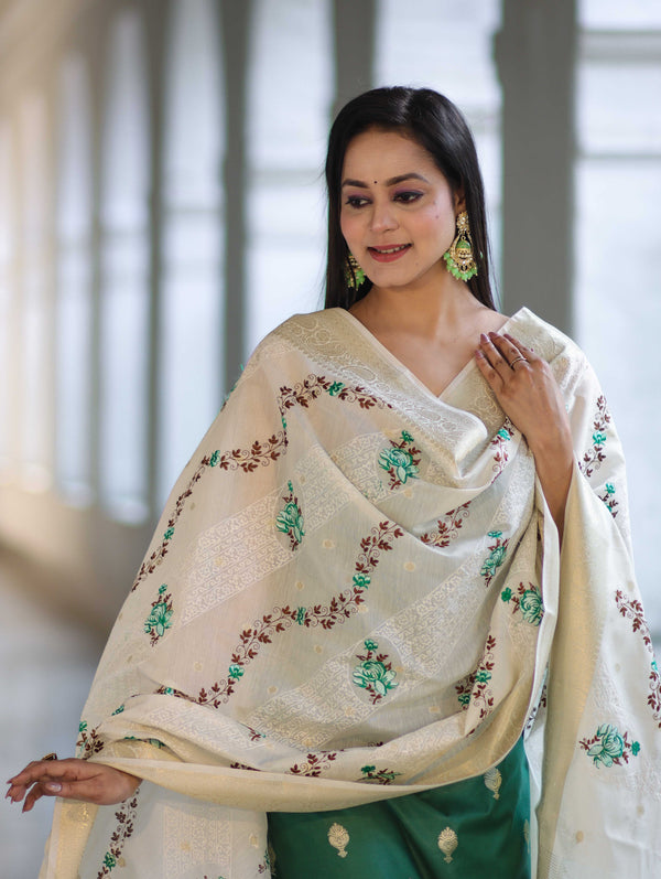 Banarasee Embroidered Cotton Salwar Kameez Fabric With Contrast Dupatta Set-Green & Off White