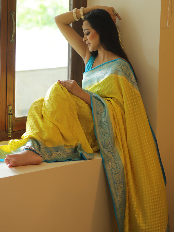 Banarasee Semi-Katan Zari Buta & Contrast Border Saree-Yellow & Blue