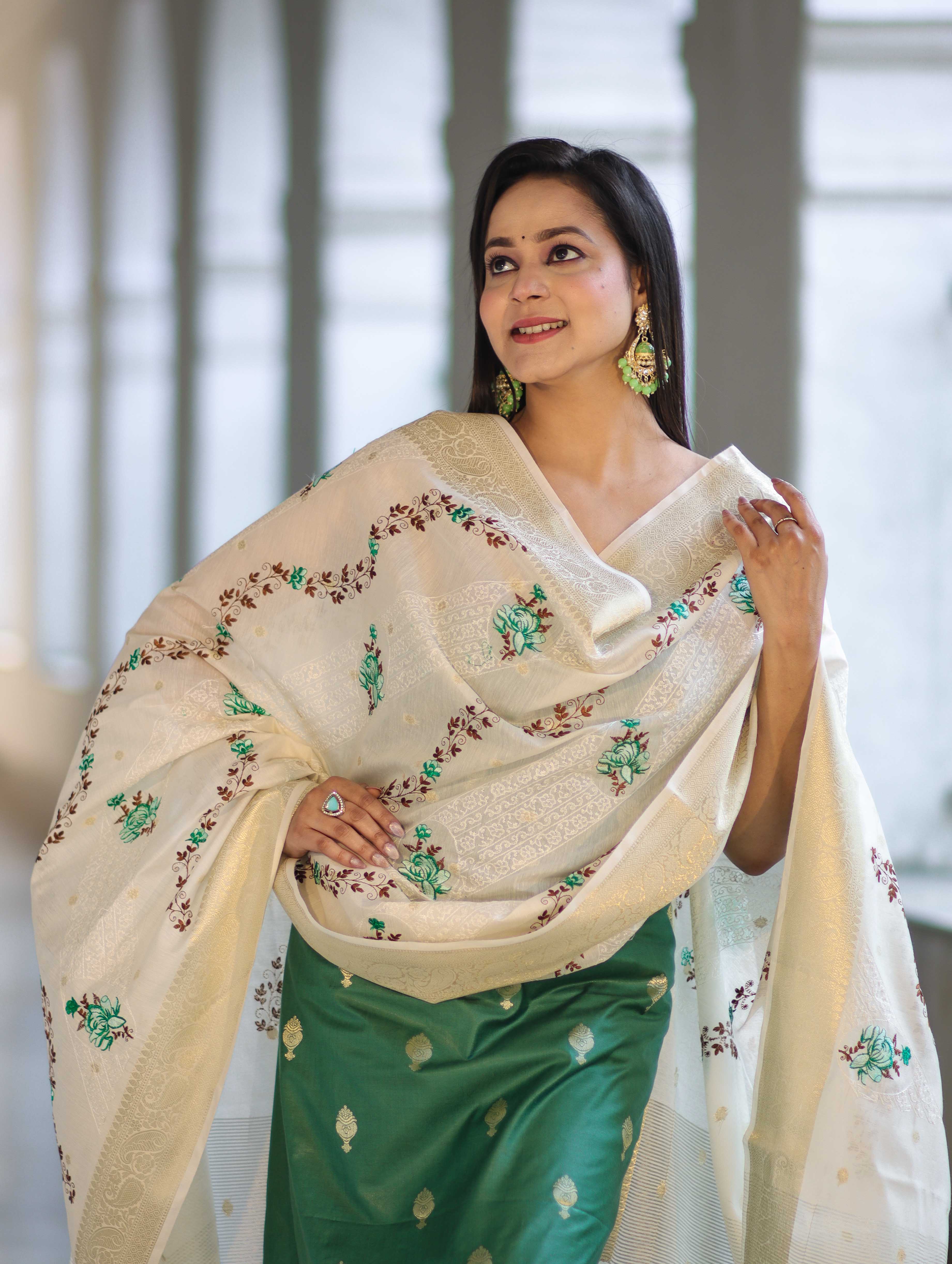 Banarasee Embroidered Cotton Salwar Kameez Fabric With Contrast Dupatta Set-Green & Off White