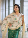 Banarasee Embroidered Cotton Salwar Kameez Fabric With Contrast Dupatta Set-Green & Off White