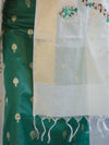Banarasee Embroidered Cotton Salwar Kameez Fabric With Contrast Dupatta Set-Green & Off White