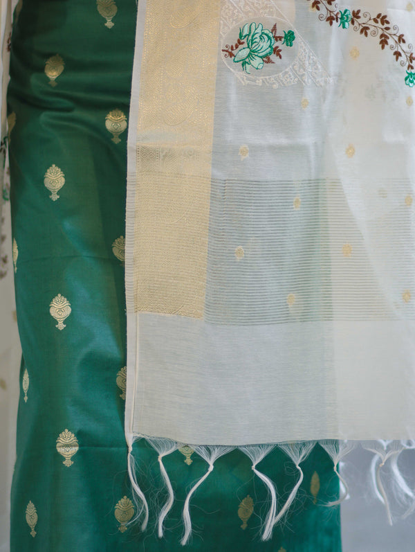 Banarasee Embroidered Cotton Salwar Kameez Fabric With Contrast Dupatta Set-Green & Off White
