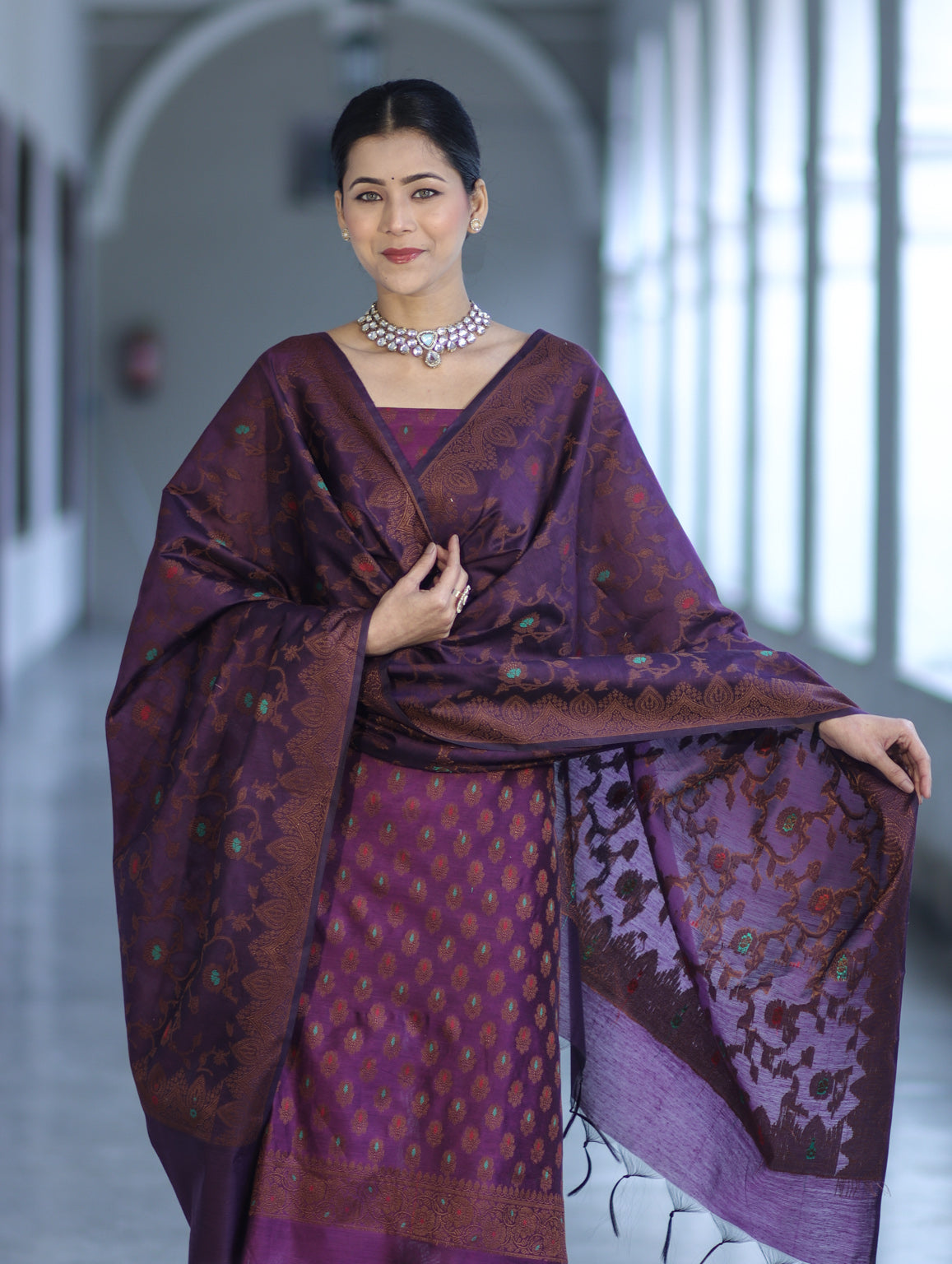 Banarasee Cotton Silk Resham Work Salwar Kameez Fabric With Dupatta Set-Purple