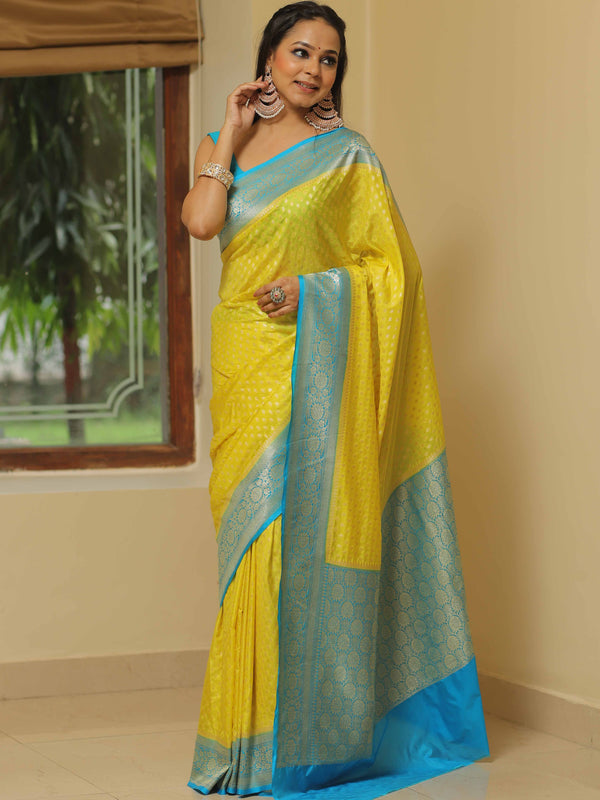 Banarasee Semi-Katan Zari Buta & Contrast Border Saree-Yellow & Blue