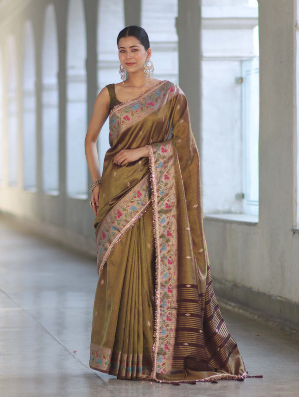 Banarasee Handloom Dual Tone Shimmer Silk Saree With Buti Design & Lace Border-Olive Green