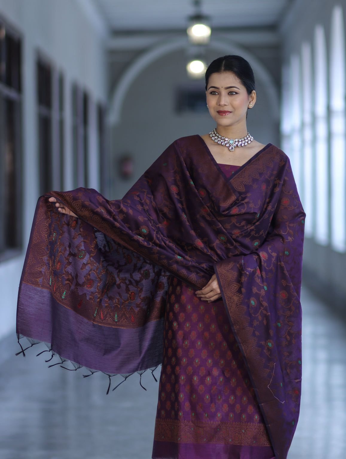 Banarasee Cotton Silk Resham Work Salwar Kameez Fabric With Dupatta Set-Purple