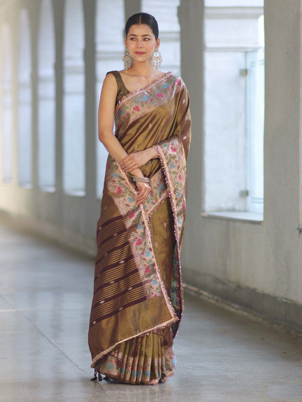 Banarasee Handloom Dual Tone Shimmer Silk Saree With Buti Design & Lace Border-Olive Green