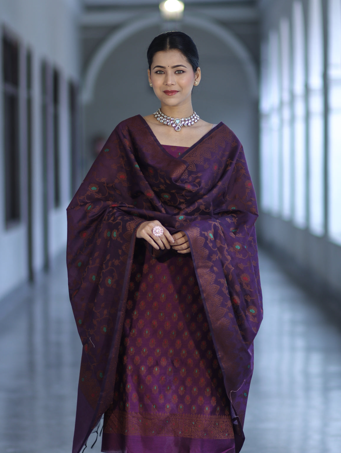 Banarasee Cotton Silk Resham Work Salwar Kameez Fabric With Dupatta Set-Purple