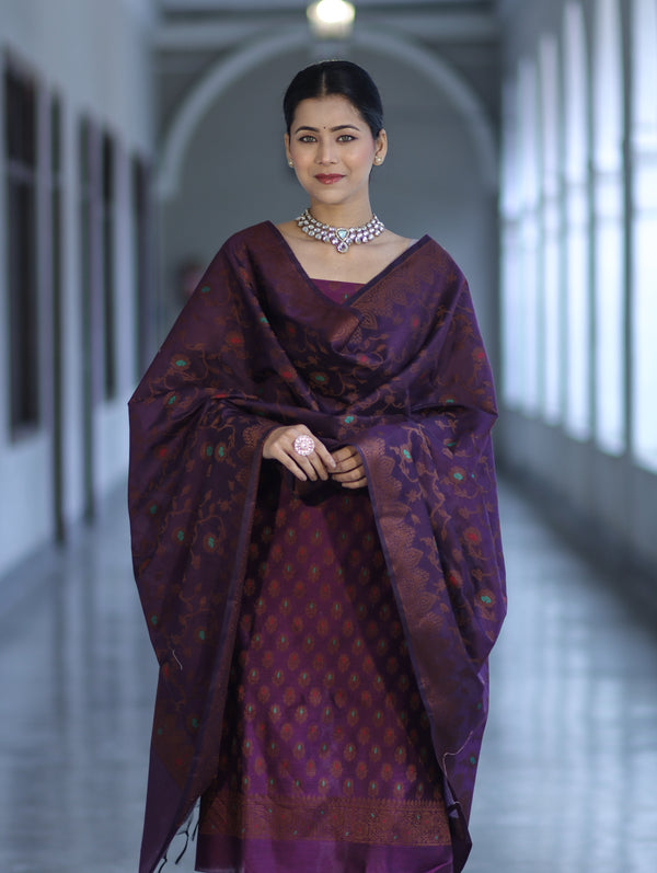 Banarasee Cotton Silk Resham Work Salwar Kameez Fabric With Dupatta Set-Purple